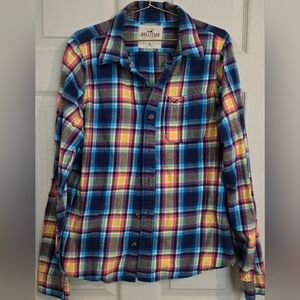 Hollister Blue and Yellow Plaid Long Sleeve Button Down Flannel Mens Shirt